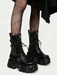 Cool Fashion Women Combat Boots Chunky Heels Thick Bottom Studs Zip Buckle Platform Punk Gothic Luxury Women Street Shoes - 黑色 - 查看 5