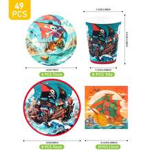 8-Guest Pirate Ship Disposable Tableware Set, Including Plates, Napkins And Cups, Suitable For Birthday, Wedding, Theme Party, Family Picnic - Multicolor - View 2