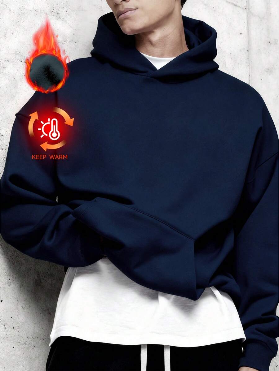 Sudadera deportiva casual para hombres - unicolor, manga larga, tela de punto, silueta en H, adecuada para senderismo y actividades al aire libre, material de poliéster, cuello redondo, deportiva para otoño/invierno primavera - Azul Marino - Ver 1