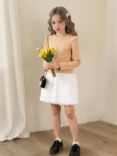 Girls Beaded Collar Puff Sleeve Top + Furry Skirt 2-Piece Set