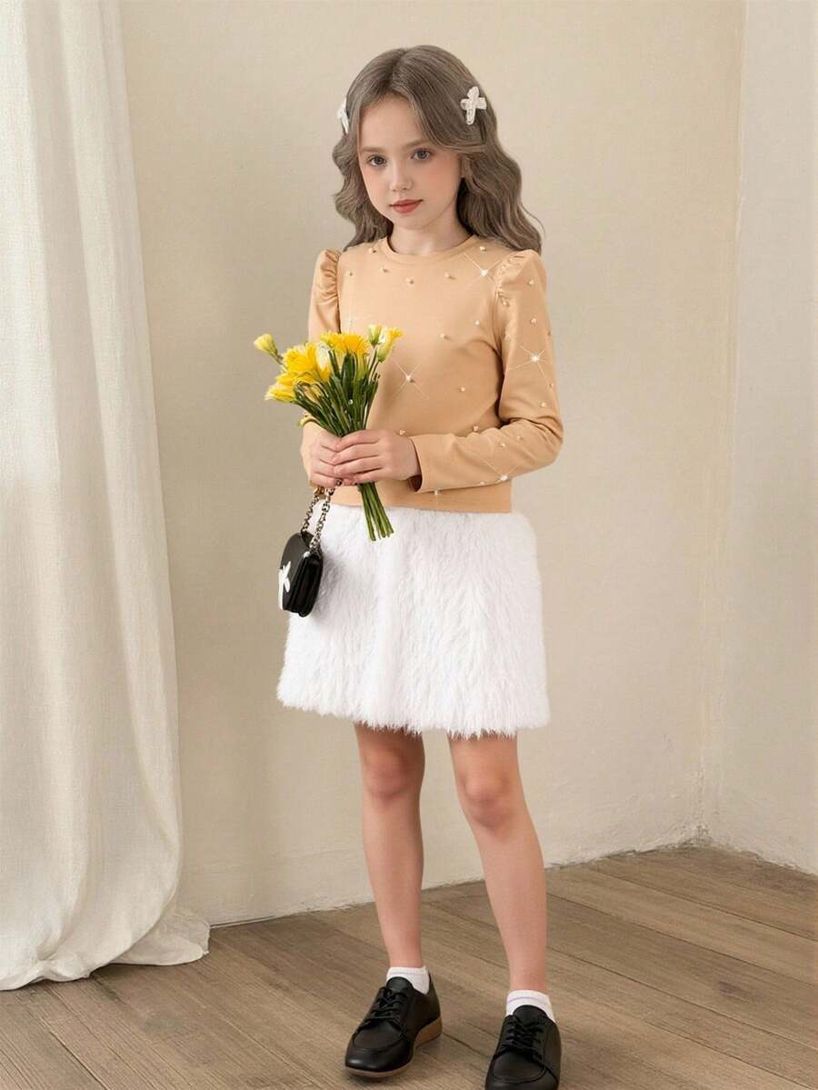 Girls Beaded Collar Puff Sleeve Top + Furry Skirt 2-Piece Set - Apricot - View 1