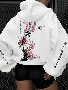 Women's Graphic Print Loose Fit Thermal Lined Hoodie Sweatshirt, Fashion Long Sleeve, Winter - White - View 1