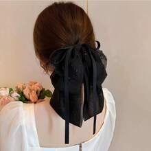 Large Chiffon Silk Hair Bow For Women Mesh Big Bows Hair Clips With Pearls Crystal Tulle Hair Barrettes Long Tail Bowknot Hair Accessories (Black Beads)BlackBeads - 黑珠 - 查看 7