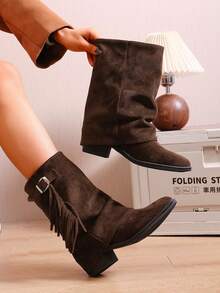 hanxiangyuzu 女士复古圆头流苏高跟靴，新款秋冬时尚粗跟搭扣踝靴，西部风格侧拉链 - 咖色 - 查看 4