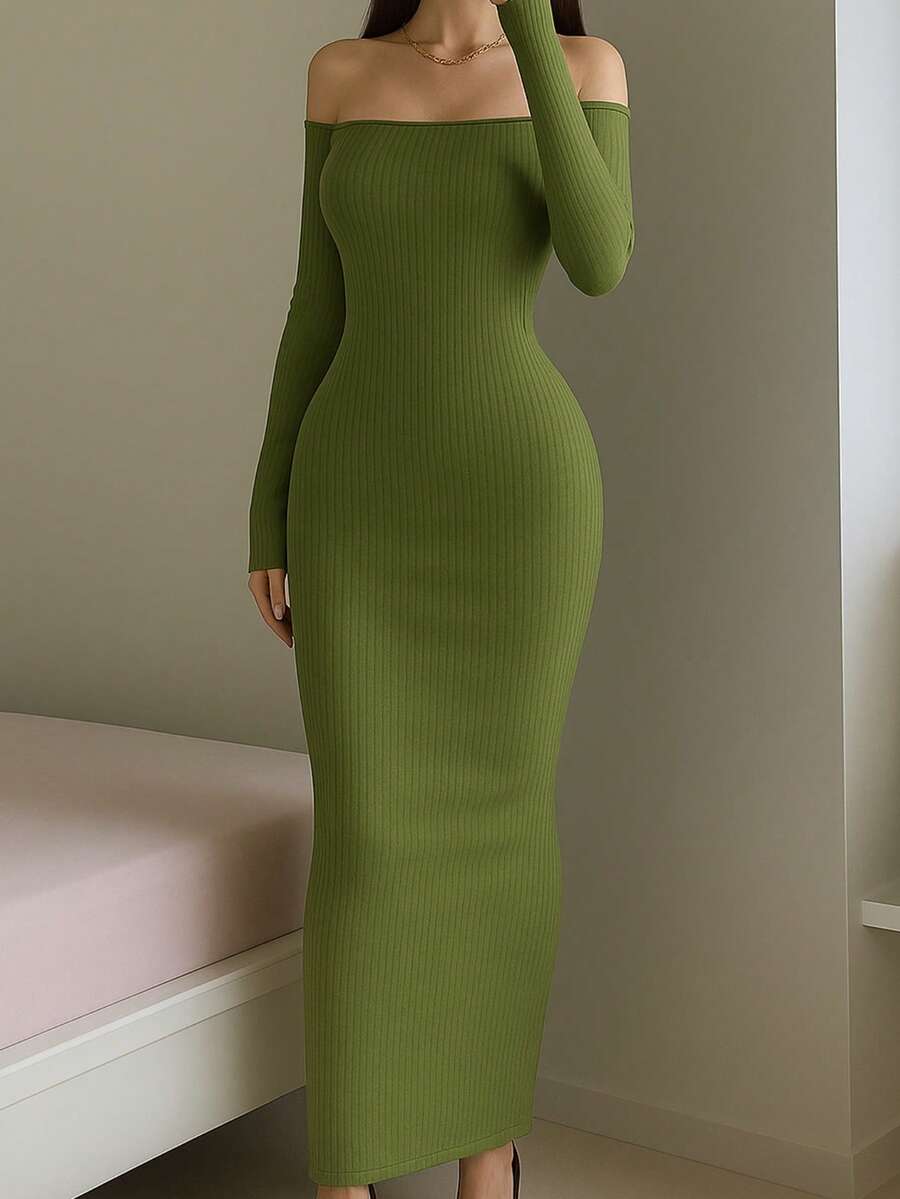 Vestido Largo Maxi Hombros Descubiertos Elegante Casual formal cómodo para oficia casa cita en tela Canale - Verde Oliva - Ver 1