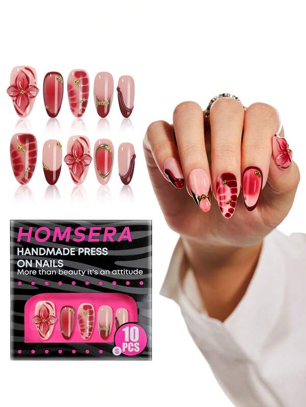 10 piezas Uñas postizas de estilo Y2K con estampado de leopardo francés en rojo oscuro y rosa, con grabados florales 3D y acentos de cuentas doradas, ideales para salones de uñas de invierno, accesorios de uñas para niñas y mujeres, talla XXL/XXXL para uso diario, fiestas y regalos de Año Nuevo