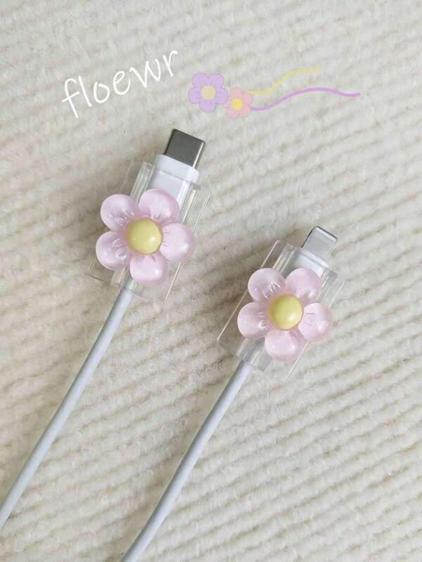 2pcs Transparent Flower Shaped Charging Head Protective Cover Cable Protector, Charger Protector