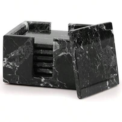 Marble Coaster Set With Holder 3.5 Inch Inches Black Square Handmade Car Coasters Cup Holders Set Of 6 Drink Coasters Table Coffee Mug Tea Cup
