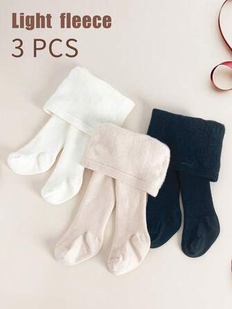 3 piezas Mallas térmicas de felpa para niñas, mallas para niñas, mallas para bebés y niños pequeños - Sólido simple y a rayas, cálidas para usar por capas o como prenda exterior