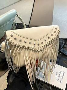 Retro Leather Crossbody Bag, Bohemian Shoulder Bag, Fringed Studded Cross-Body Square Bag, Casual Messenger Bag For Travel And Everyday Use, Portable Business Crossbody Bag, Small Clutch. - 白色 - 查看 8