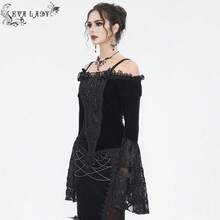 EVA LADY 1pc Gothic Style Velvet Lace Off-Shoulder Top, Retro Formal Outfit For Autumn/Winter - Black - View 4
