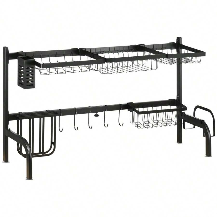 HOMCOM 2-Tier Dish Drainer With Hooks And Drying Tray Made Of Steel, Black 51-93 Cm For Kitchen