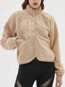 Women's Pellet Fleece Jacket,Soft Fuzzy Long Sleeve Short Winter Coat,Button Down Cozy Plush Outerwear - 卡其色 - 查看 4