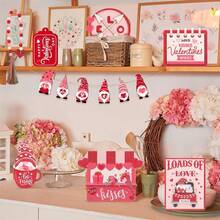 Set de 13 piezas de decoración para San Valentín: bandeja escalonada con gnomos de madera y corazón. Ideal para decorar el hogar o como recuerdo de fiesta. - Rosa Fucsia - Ver 4