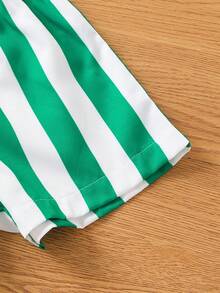 2pcs/Set Baby Boys' Casual Letter Print Short Sleeve Round Neck T-Shirt And Striped Shorts Set, Lightweight Summer Outfit - Green - View 10