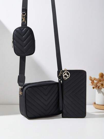 3 Pezzi Set di Borse da Donna alla Moda: Borsa a Spalla Trapuntata, Portafoglio Lungo, Portafoglio Quadrato Piccolo