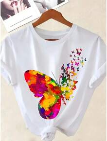 White T-Shirt With Colorful Butterfly Print, Women's Fashion, Loose Neckline And Round Neck - Summer - 白色 - 查看 2