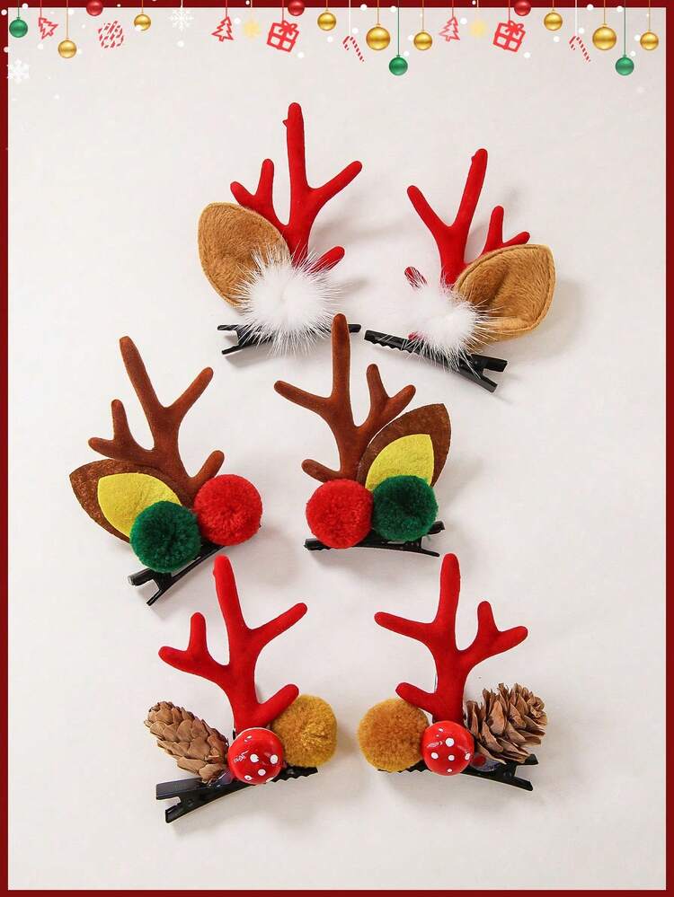 6件套女孩圣诞驯鹿角发夹，可爱鹿耳发饰，热门圣诞礼物 - 彩色 - 查看 2