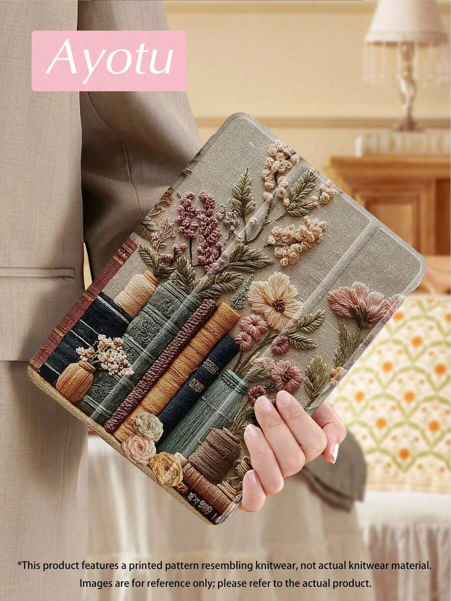 Ayotu 刺绣书籍花卉图案保护套，兼容 iPad 10.2 英寸（2021/2020 款，第九/八代），兼容三星 Galaxy Tab A8 10.5 英寸（2022 款），带笔槽，支持自动睡眠/唤醒功能，时尚保护套 - 彩色 - 查看 1