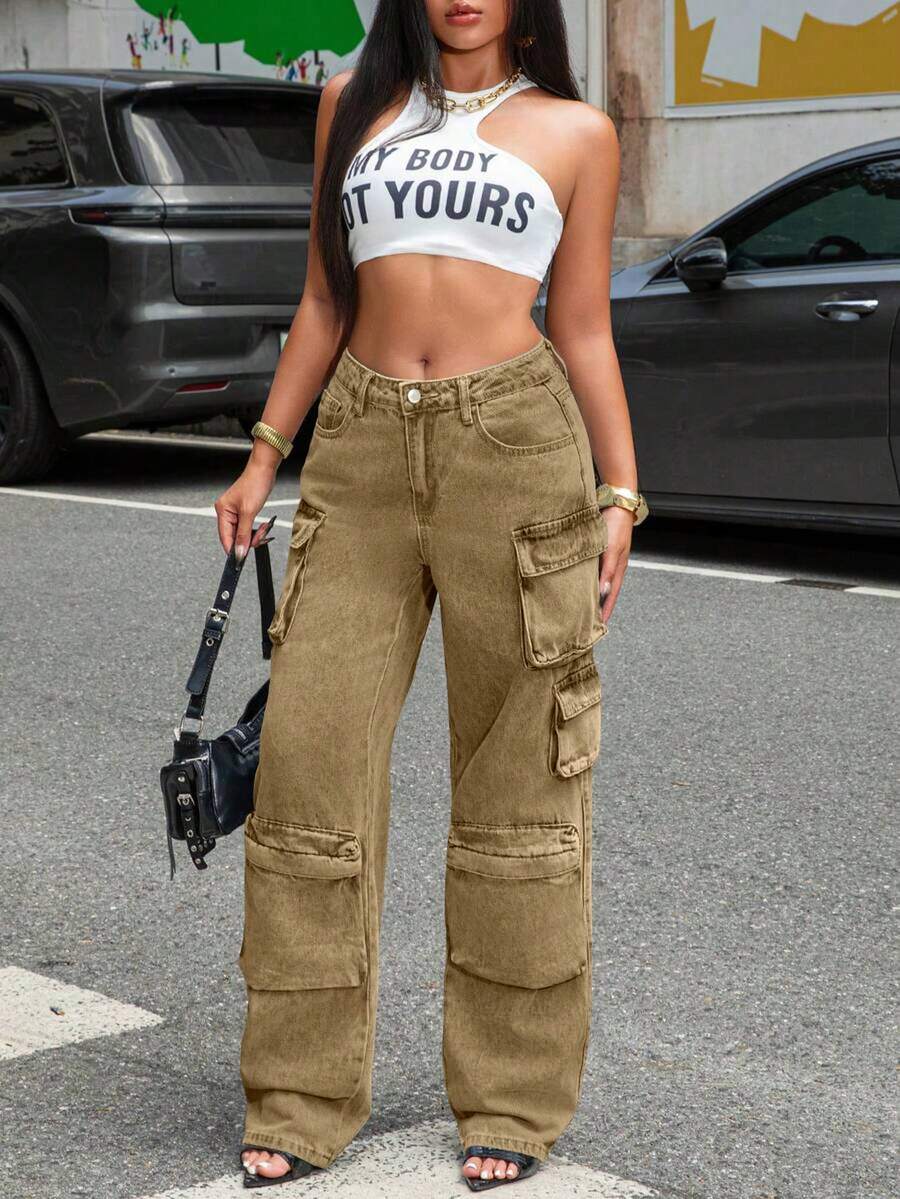 Women's Fashionable Y2K Loose Workwear Jeans, Mid Waist Workwear Pants, Workwear Winter Pants, Suitable For All Seasons, With A Cinched Waist To Show Off Buttocks - 卡其色 - 查看 1