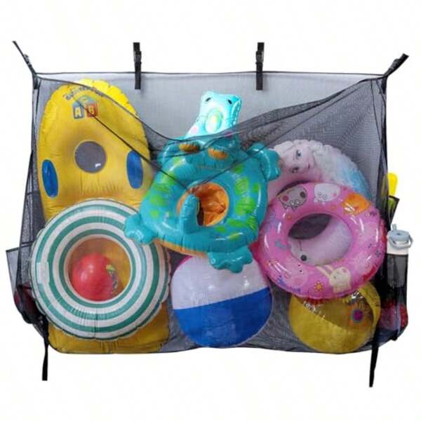 Large Pool Storage Bag With Side Pocket 39.3 * 62.2 Inch Hanging Mesh Organizer For Floats Rafts Balls Swimming And Other Accessories