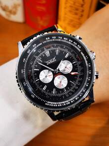 JARAGAR 1pc Sports Multifunctional Mechanical Watch For Men Luminous Hands Leather Strap Fashion Business Automatic Men Watches Gifts With Box - one-size - View 8