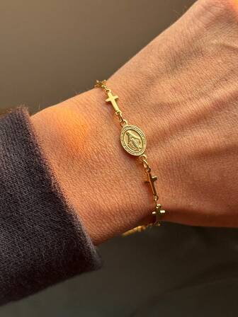 1件装可调节尺寸不锈钢椭圆形铭牌手链，女士款，时尚十字元素戒指配延长链，百搭日常配饰，时尚饰品