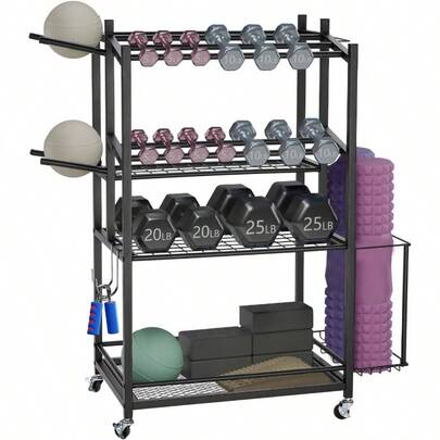 4 - Tier Dumbbell Storage Rack With Wheels, Weight Storage Cart Home Gym, Holds Dumbbells, Yoga Mats, Exercise Balls