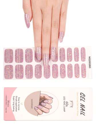 1 Box Of 20pcs Natural, Long-Lasting, Classic Glow-In-The-Dark Glitter Purple Multicolor UV Gel Nail Polish Stickers, Easy To Apply And Remove