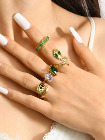 4/5件套优雅不锈钢绿色宝石蛇形戒指套装，适合女性日常搭配、节日、约会、订婚、婚礼等场合，亦可作为珠宝礼品。