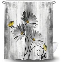 Rustic Farmhouse Shower Curtain, Farm Gray Daisy Floral Flowers And Butterfly On Country Wooden Shower Curtain For Bathroom, 70X70IN With 12PCS Hooks - 多色564 - 查看 2