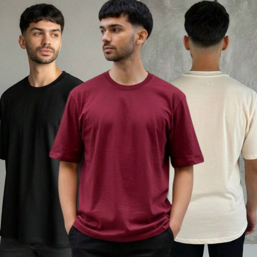 Kit Of 3 Men's Oversized T-Shirts, 100% Premium Cotton - Đen + Đỏ tía + Trắng ngà - Xem 1