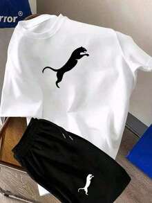 Conjunto Feminino Masculino Academia Kit 2 Peças Pulma Leopardo Verão - Camiseta Casual + Short Tactel Estilo Leve e Confortável - Branco - Visão 1