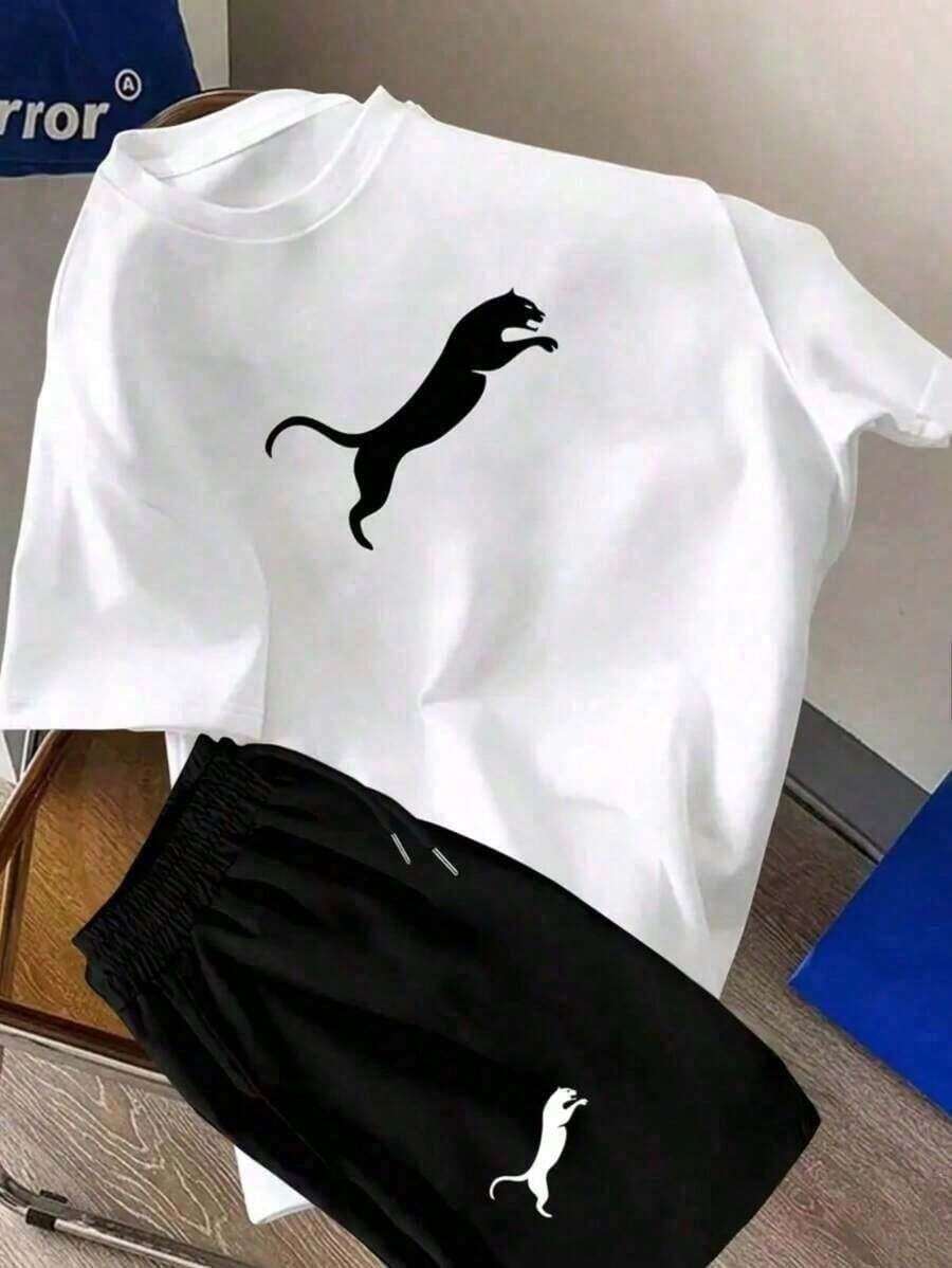 Conjunto Feminino Masculino Academia Kit 2 Peças Pulma Leopardo Verão - Camiseta Casual + Short Tactel Estilo Leve e Confortável - Branco - Visão 1