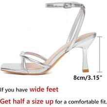 RIBONGZ Women's Heeled Sandals Square Open Toe Kitten Strappy Heels With Ankle Strap Elegant Summer Wedding Party Evening Prom Daily Wear Lace Up Dress ShoesChristmas - 銀色 - 查看 3