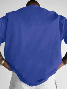 Men's Oversized Streetwear T-Shirt With "Victory &  Face" Slogan Print - Black And White Graffiti Design On The Back, Loose Casual Fit For Summer, Gym, Running Or Parties – Soft And Breathable Crew Neck Shirt (VICTORY/SMILE/RELAX!) - 藍色 - 查看 3