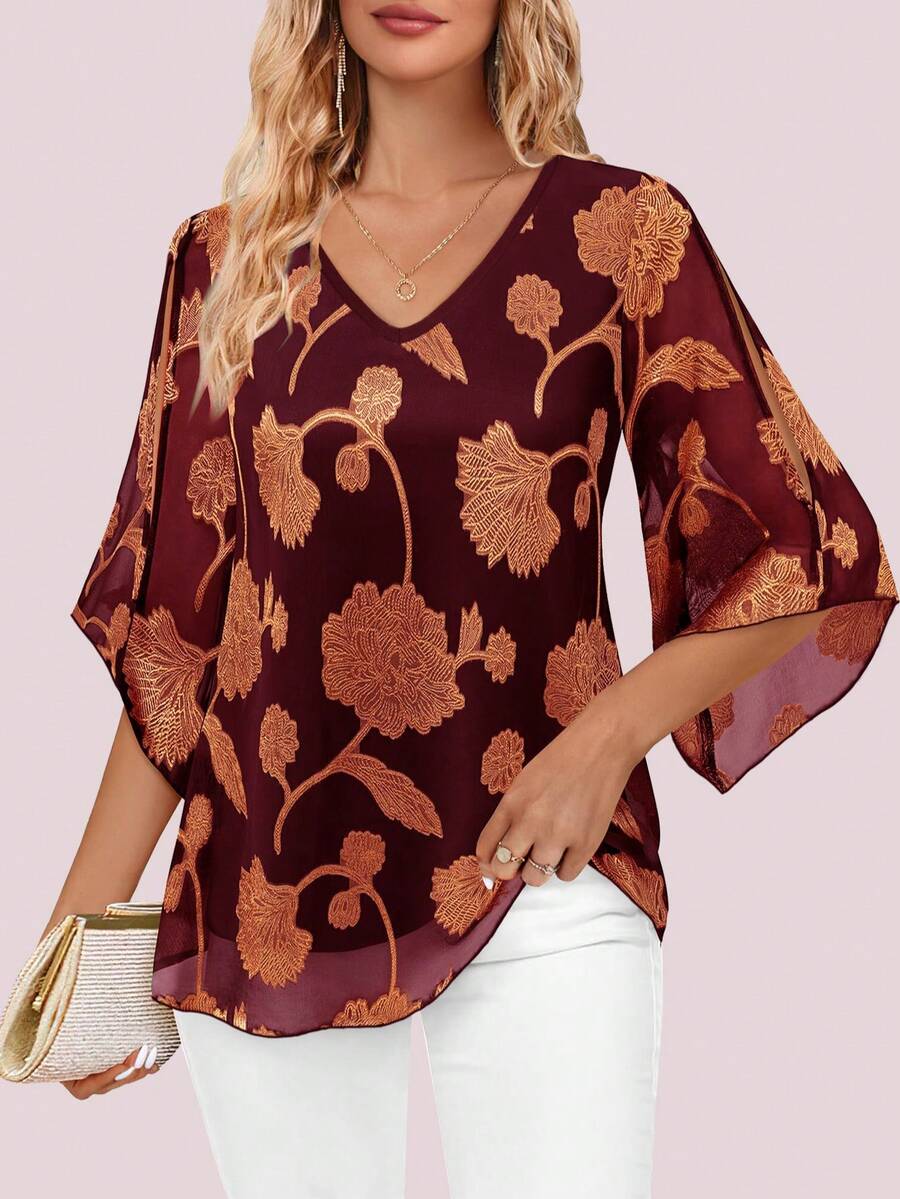 CheersLife 女士荷叶边V领双层网纱宽松飘逸系带七分袖衬衫 - 酒紅色 - 查看 1