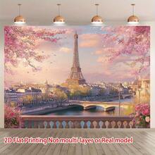 2D Flat, 1 Piece Paris Eiffel Tower And Pink Cherry Blossom Background - Romantic City Scenery Photography Banner, Durable Polyester, No Electricity Required, Perfect For Weddings, Birthdays, Home Decorations And Events, Event Decoration| Romantic City Scenery| Durable Polyester, Paris Decoration, Wall Decoration Cloth - 彩色 - 查看 6
