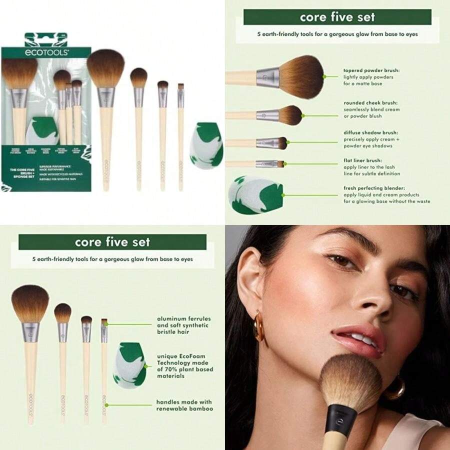 EcoTools Core Five Makeup Brush and Sponge Kit, For Eyeshadow, Blush, Bronzer, Eyeliner, & Foundation, Makeup Blending Sponge For Liquid & Cream Products, Essential Brushes, 5 Piece Set(default) - Multicolor - Ver 1