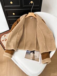 Vintage Cargo-Stil khakifarbene kurze Jacke aus Wildleder und Wollpatchwork für Frauen, Streetstyle, Party, Pendeln, Weihnachts-Date - vielseitige Damen Oberbekleidung - Khaki - Übersicht 8