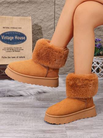 Fall/Winter Women's Fashionable & Comfortable Thick-Soled Slip-On "Style" Snow Boots, New Plush Lining Warm Thermal Lined Short Boots,Fur Boots