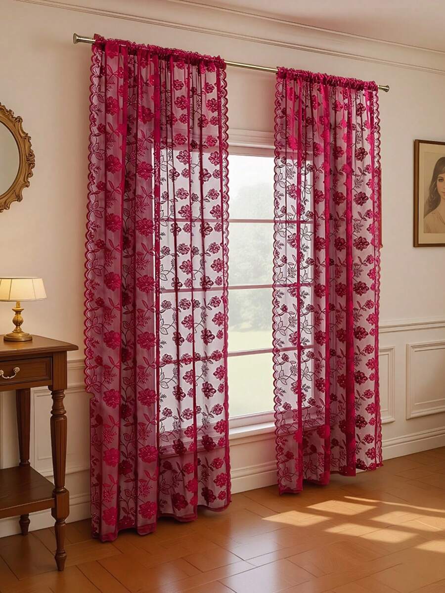 1 tấm rèm ren hoa tối giản, trang trí nhà cửa - Đỏ - Xem 1