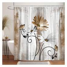Rustic Farmhouse Shower Curtain, Farm Tan Cream Daisy Floral Flowers And Butterfly On Country Wooden Shower Curtain For Bathroom, Beige Brown Shower Curtain With 12PCS Hooks, 60X70IN - 多色568 - 查看 2