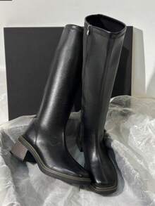 New Autumn/Winter Brown Over-The-Knee Chunky Heel Slim Boots, Classic Black Mid-Calf Riding Boots, Fashion Tall Boots For Women,Party - 黑色 - 查看 1