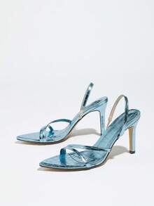 Jin Bei Qi Women's Metal Strap Backstrap Pointed Toe Stiletto High Heel Sandals, Elegant Glamorous Fashion Party Banquet Style, Light Blue High Heels - Blue - View 6