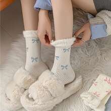 Women's 6-Pair Bow Pattern Crew Socks With Fuzzy Ruffled Cuff - Blue - Blue - View 2
