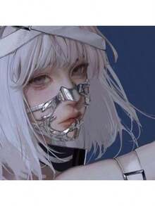 1pc Cyberpunk Metal Face Mask, Unique Asymmetric Fluid Design, Random Style - Multicolor - View 5