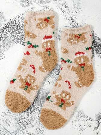 1 Pair Women/Men/Couples/Girls Mid-Calf Socks, Odor-Resistant Moisture-Wicking Soft & Skin-Friendly Casual Cute Patterned Socks, Soft & Comfortable With Cute Santa Hat & Gingerbread Man Decoration, Suitable For Christmas Gift, Home, Sleep, Outdoor Sports, Holiday Party And Daily Use In Autumn/Winter