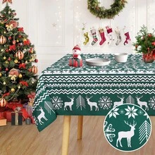 Weihnachtstischdecke, Waschbar, Knitterfrei, Tischdecke, dekorative Tischdecke, mit Schneemann,Hirsch,Weihnachtsbaum, knitterfreie,Tischset für Partys, Essen, Bankett im Freien - grüner Hirsch 130x130cm - Übersicht 2