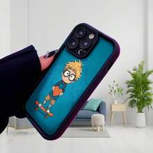 Cubierta de teléfono con diseño de niño sobre patineta sosteniendo corazón azul para uso diario en interiores y exteriores Aplicable a teléfonos Apple y Galaxy. - Negro - Ver 3